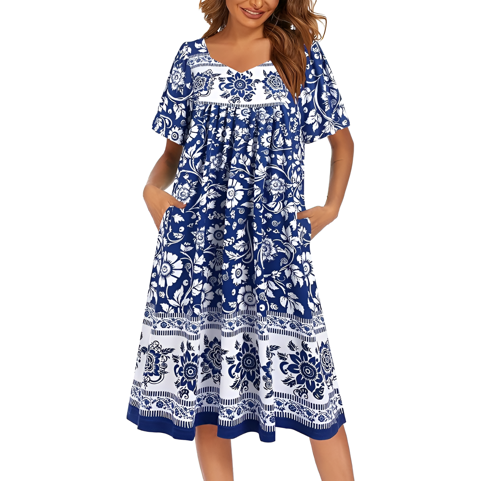 Pleated Nightgown With Short Sleeves And Pockets For Women