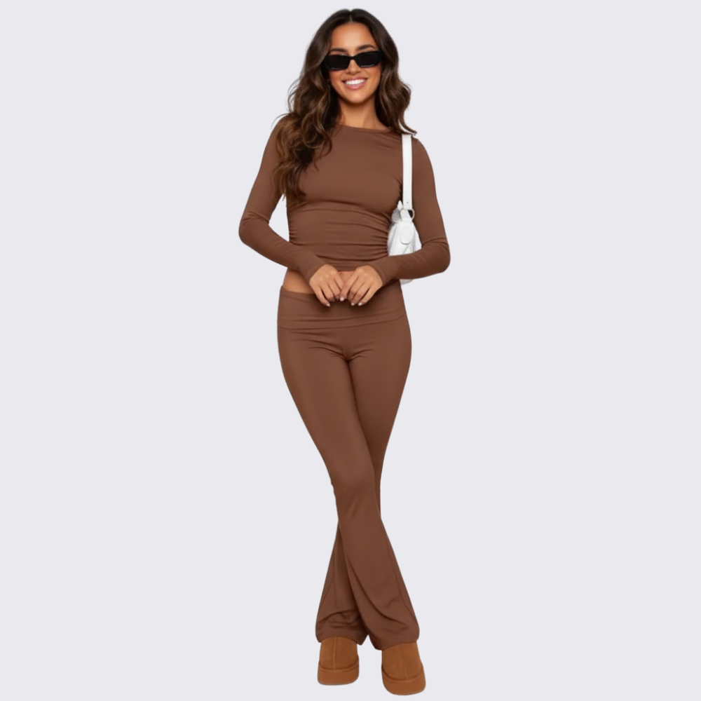 Long Sleeve Crop Top And Flare Pants Loungewear Set For Women