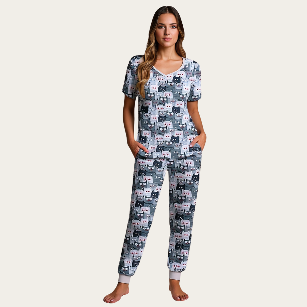 Women 2 Piece Pajama Set With Short Sleeve Lounge Top And Jogger Pants