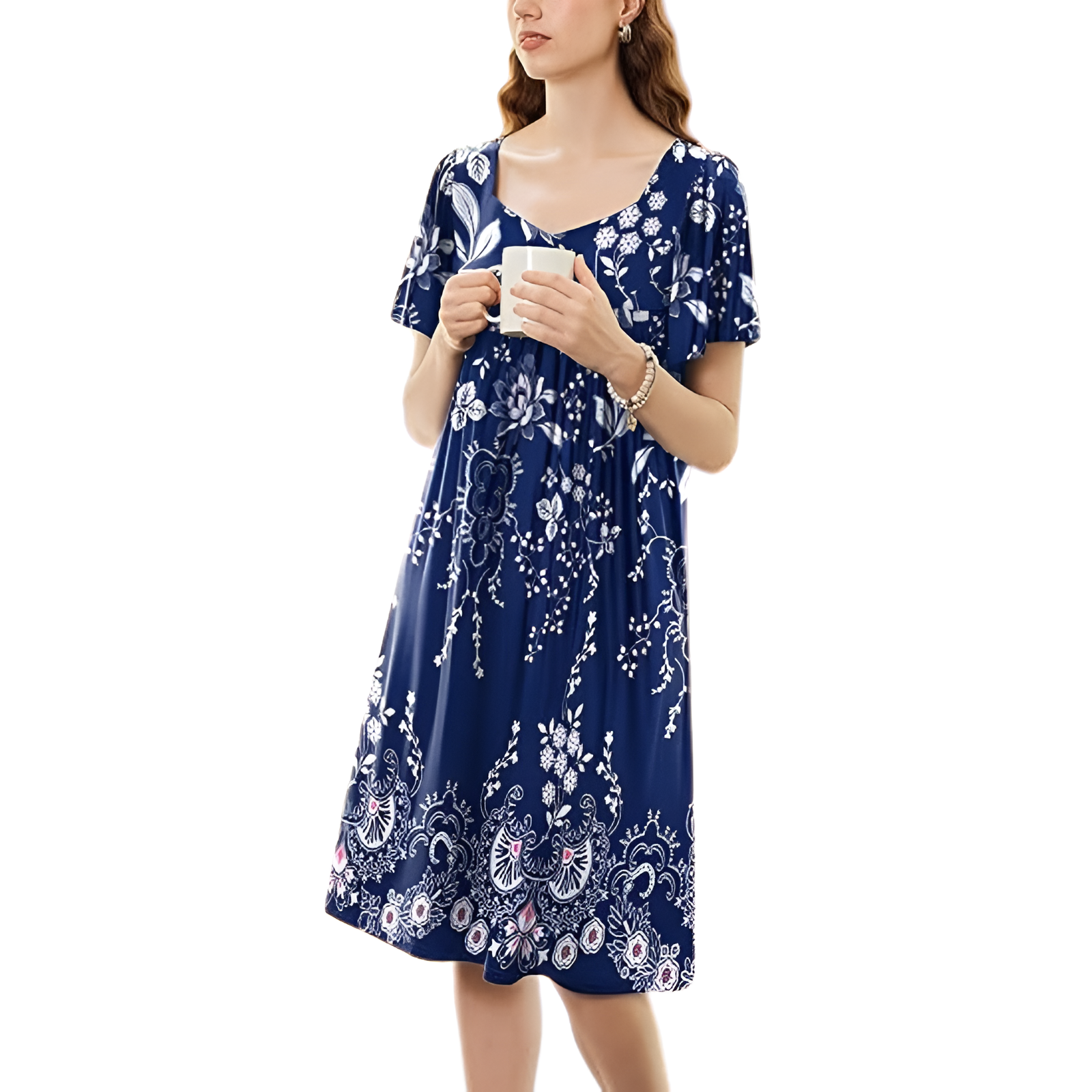 Pleated Nightgown With Short Sleeves And Pockets For Women