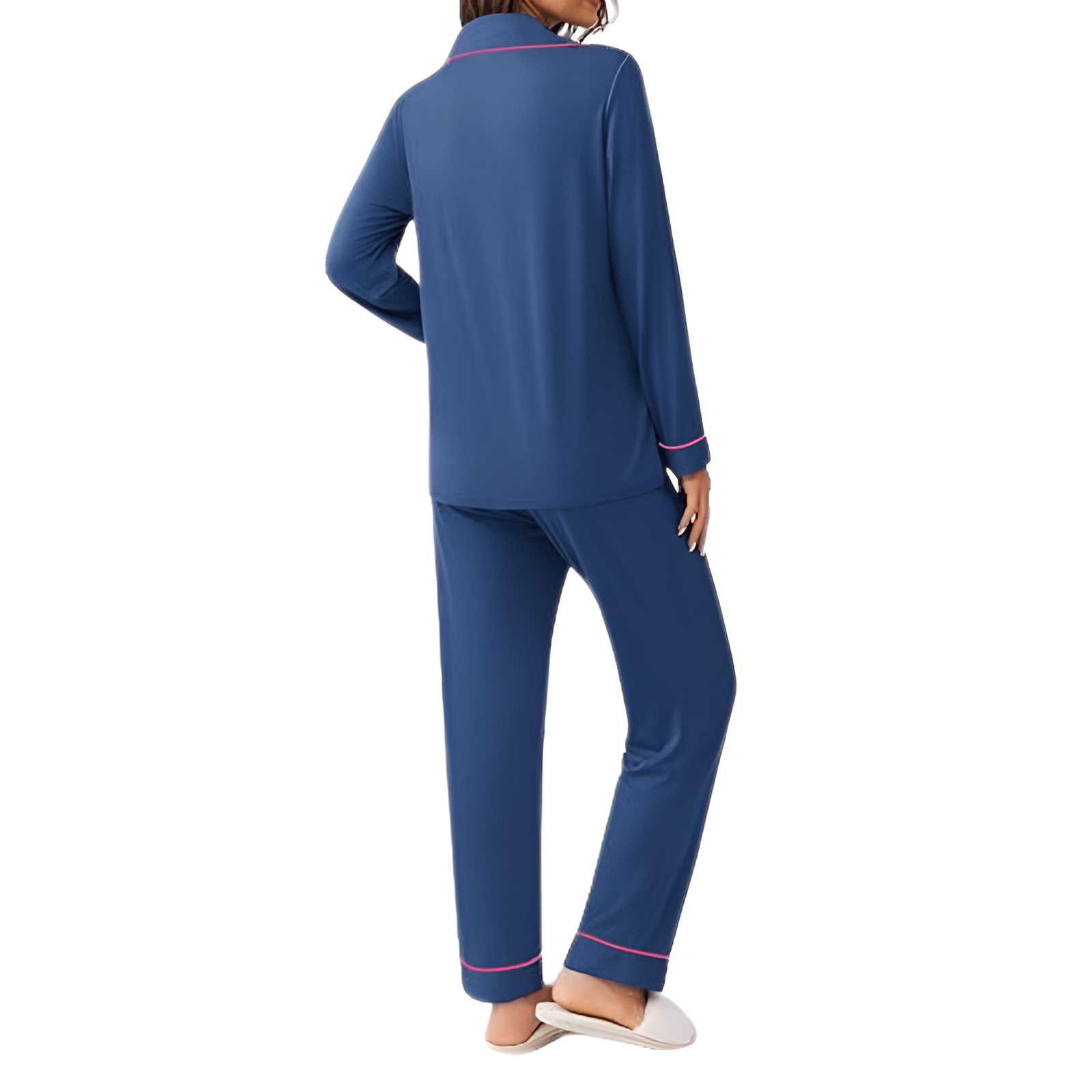 Long Sleeve Button Front Top Two Piece Pajama Set With Pants For Women