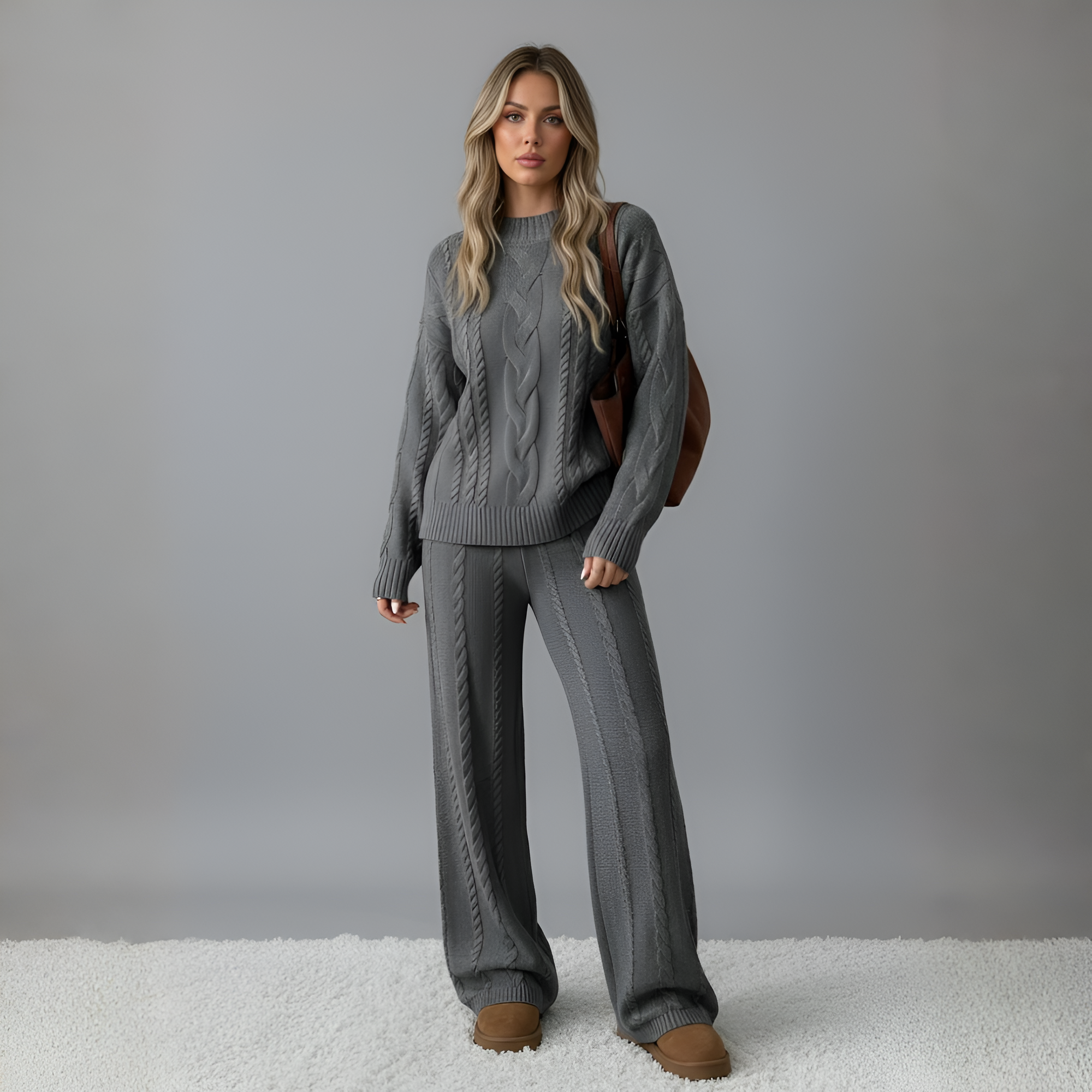 Women's Winter Solid Color Round Neck Long Sleeve Simple Top And Pants Casual 2pcs Set, Winter Clothing