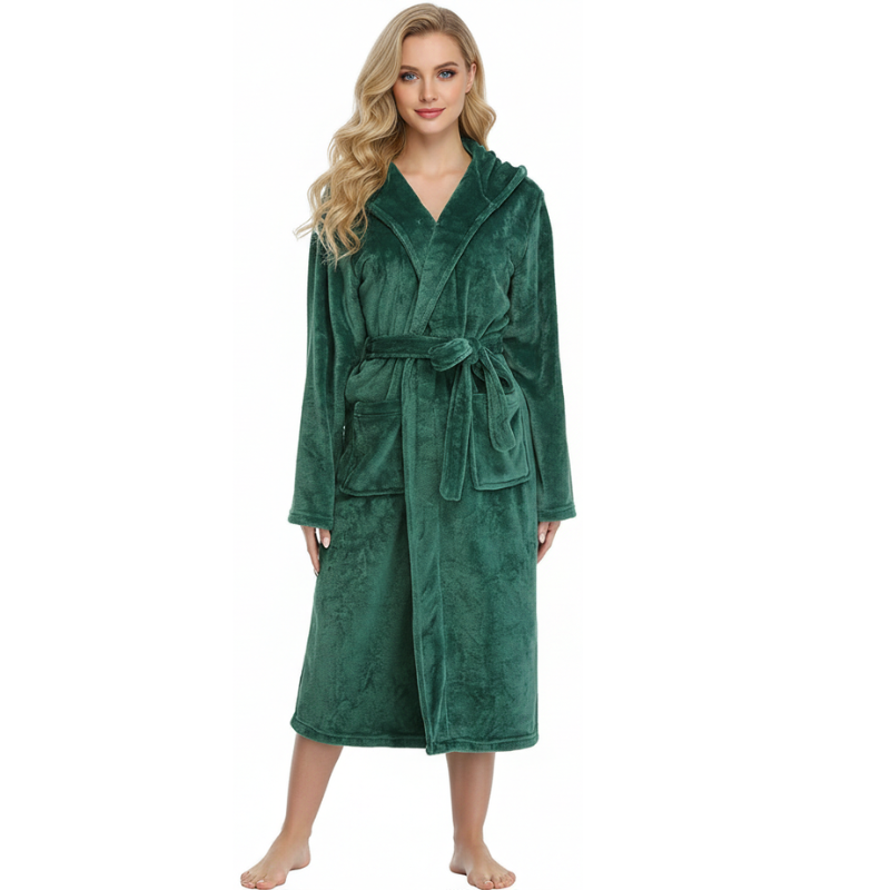 Womens Robes Plush Fleece Hooded Bathrobe Thick Nightgown With Pockets Fluffy Sleepwear