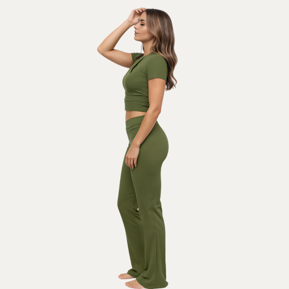 Women’s Two Piece Lounge Set with Crop Top and Flare Pants