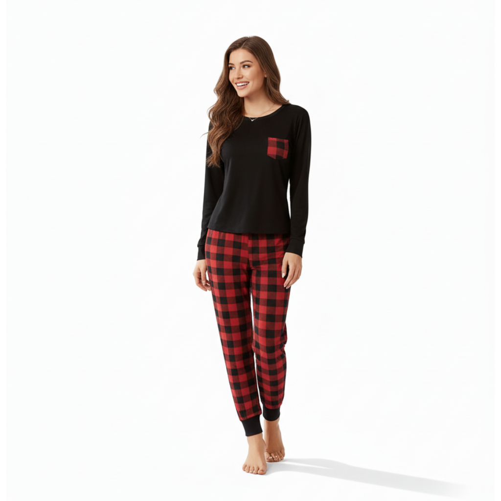 Plaid Printed Cozy Couple Long Sleeve Pajama Set