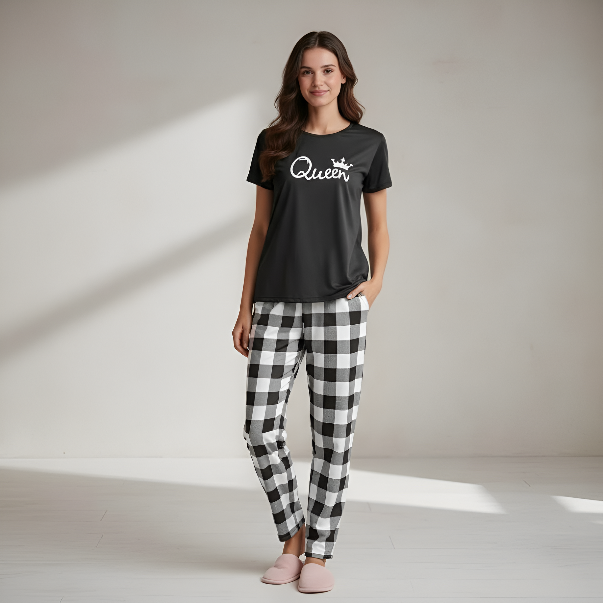 Letter Print Top Plaid Pants Set