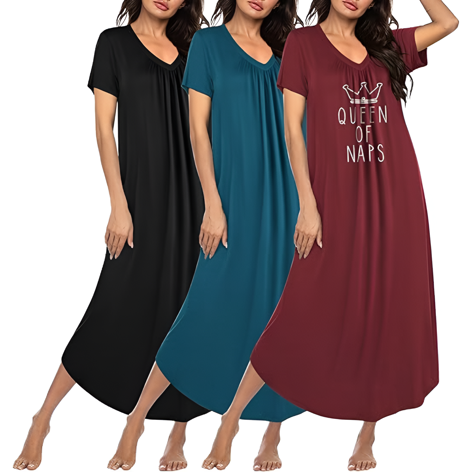 Pack Of 3 Long Nightgowns For Women With Short Sleeves