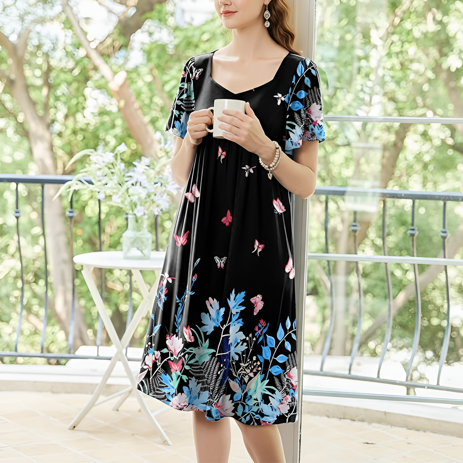 Pleated Nightgown With Short Sleeves And Pockets For Women