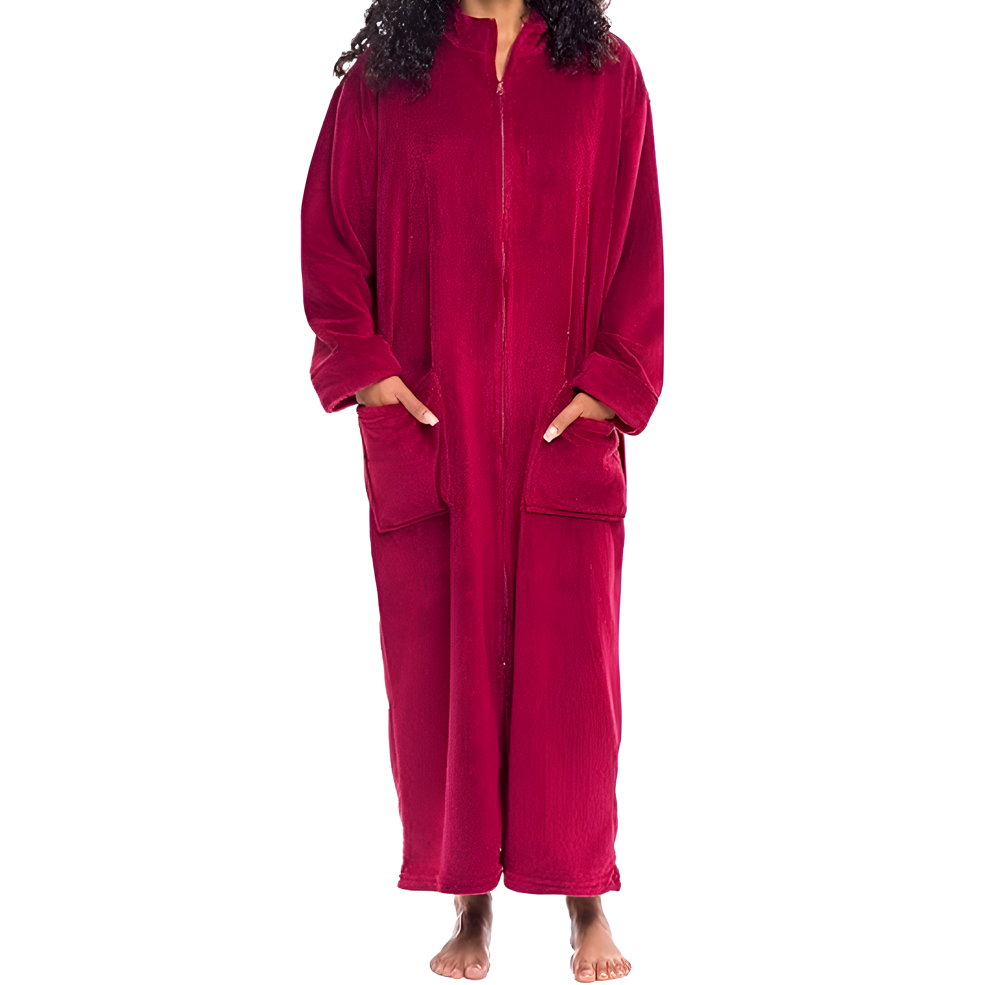 Plush Zippered Bathrobe With Large Pockets For Women