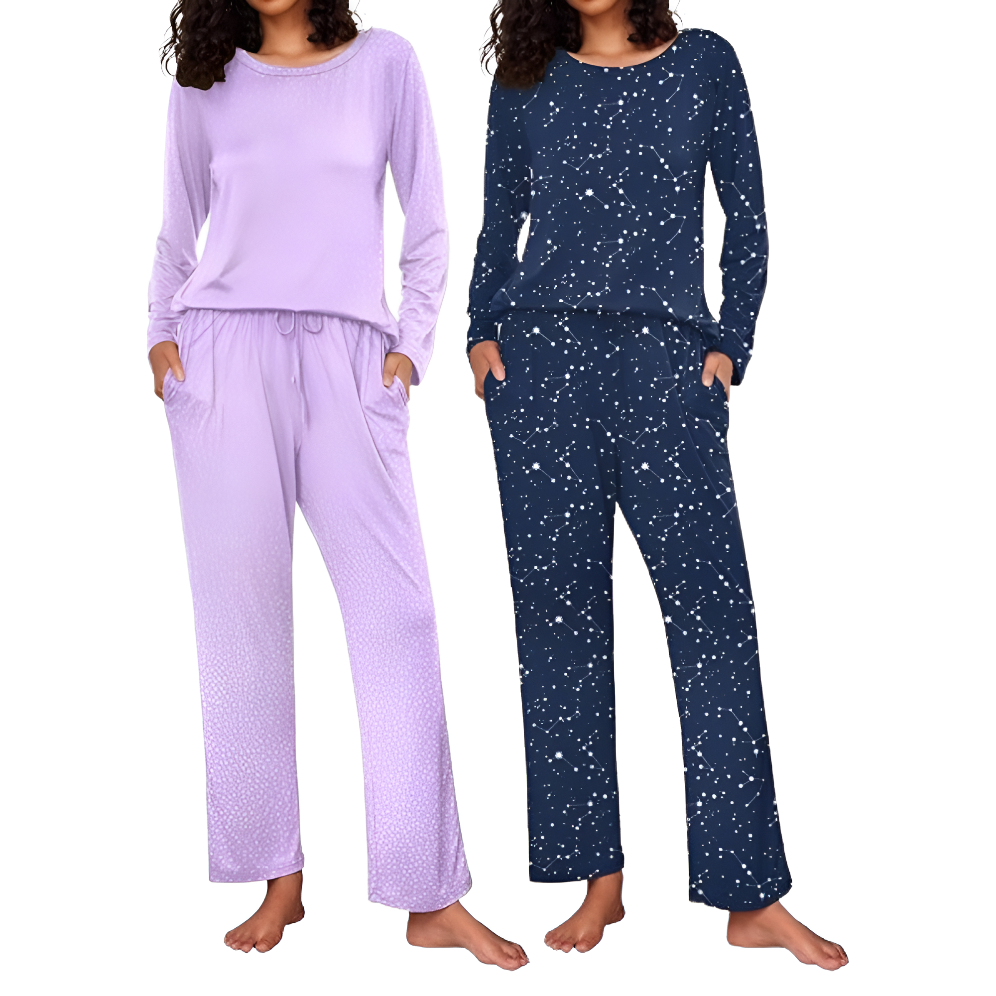 2 Pack Of Long Sleeve Lounge Pajama Sets With Pockets