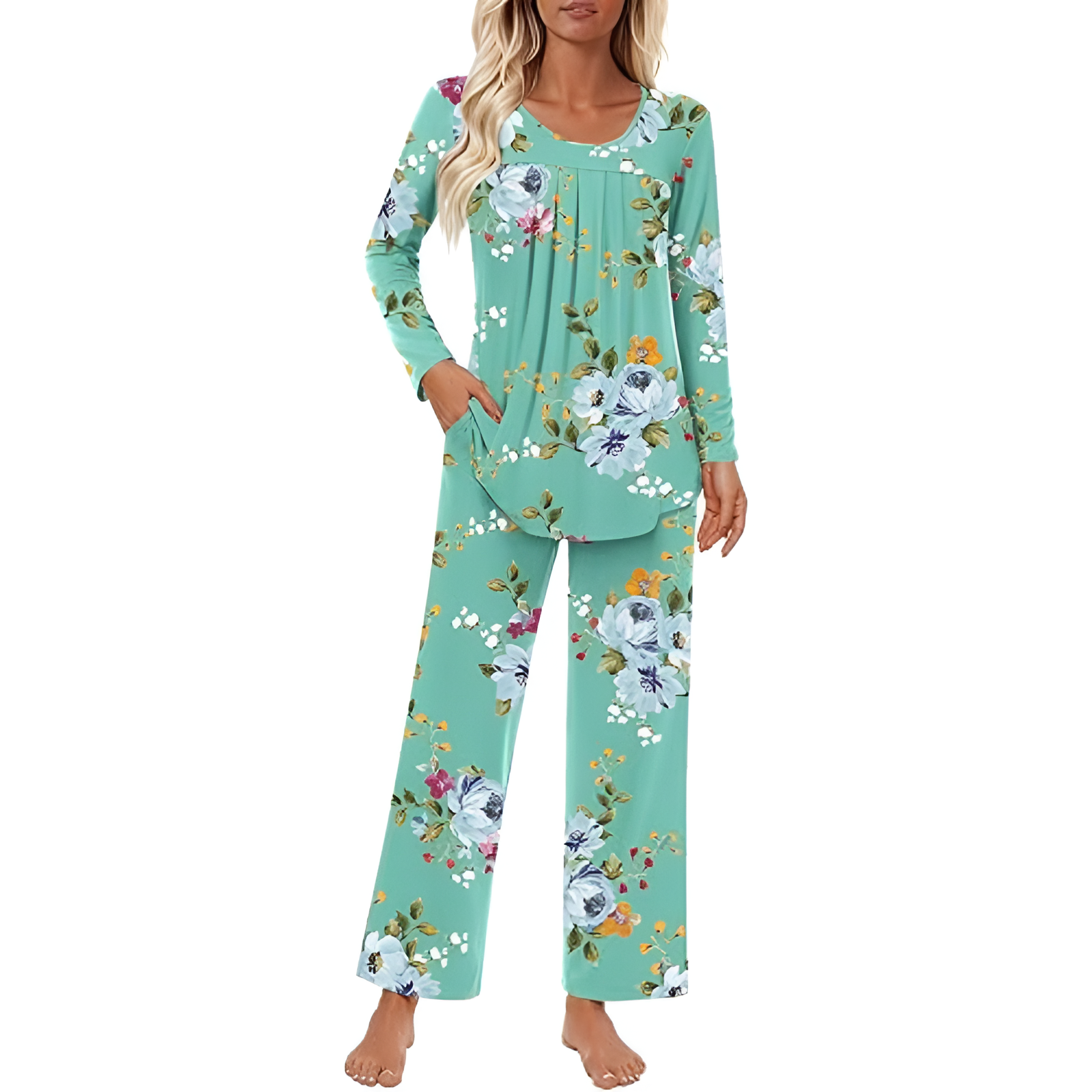 Long Sleeve Top And Loose Pants Two Piece Matching Pajama Set For Women