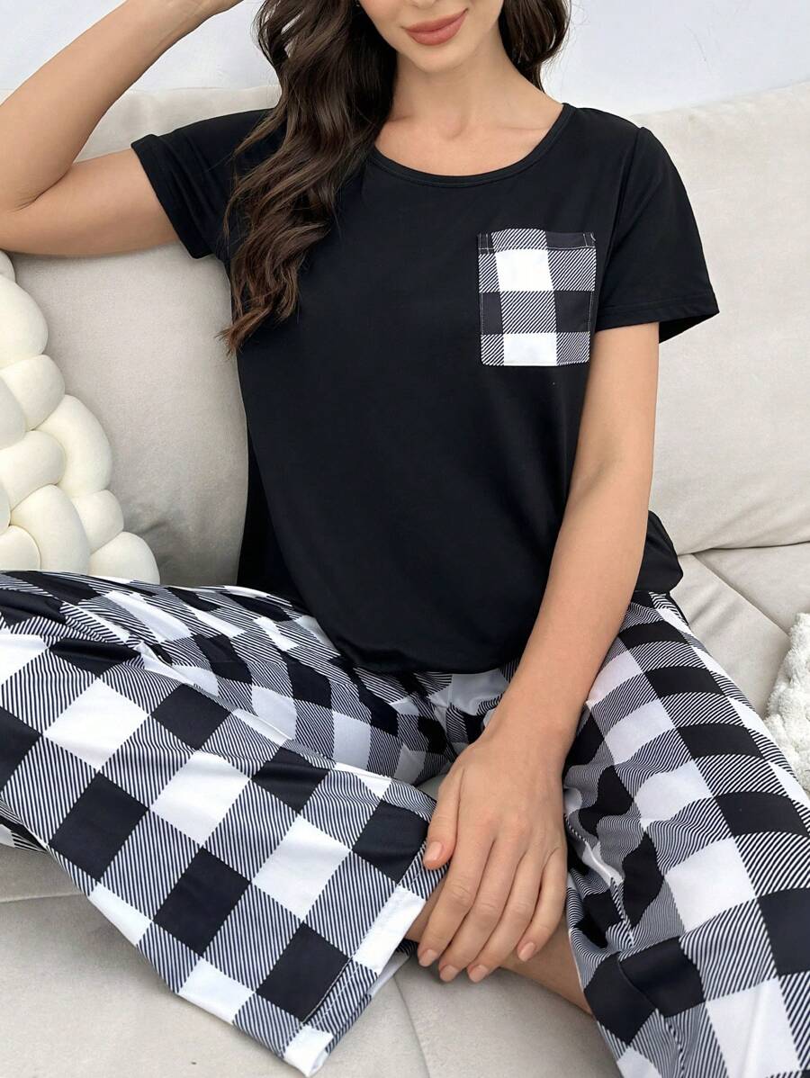 2 Piece Plaid Pajama Set With Pockets