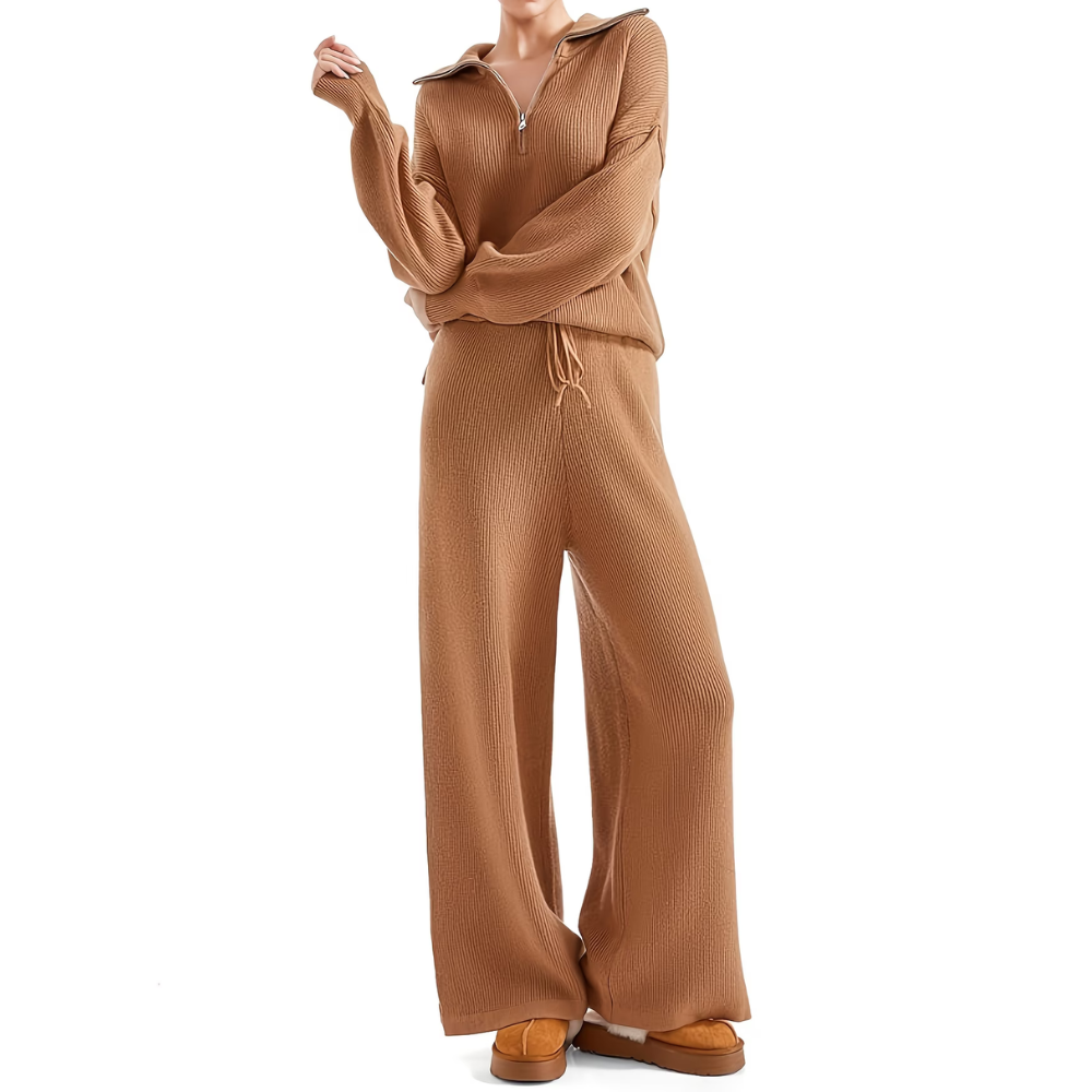 Zip Collar Knit Top Pant Set