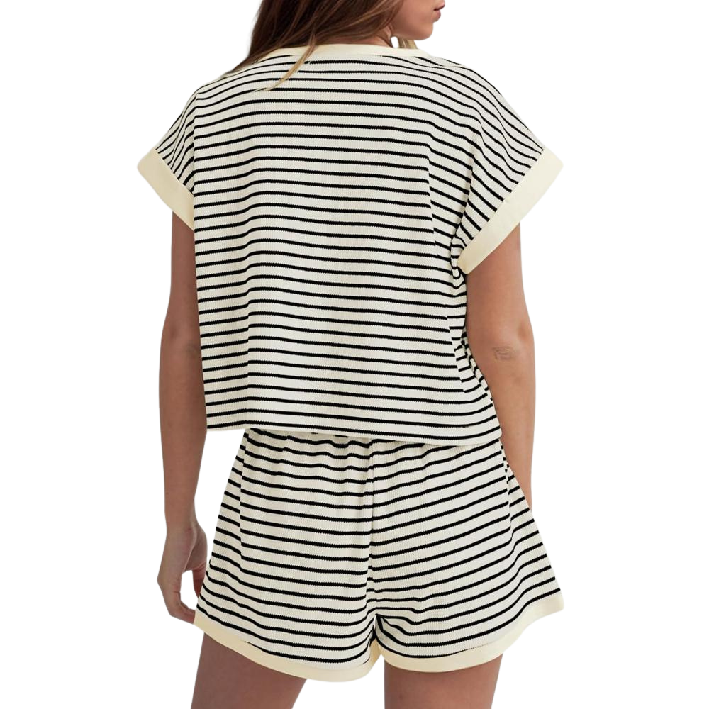 Striped Short Sleeve Lounge Set With Elastic ShortsStriped Short Sleeve Lounge Set With Elastic Shorts - View 2