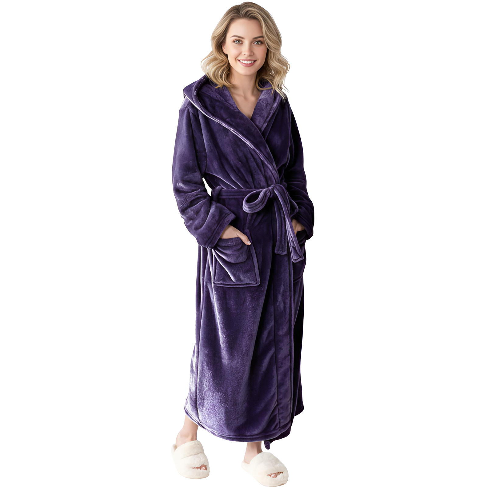 Full Length Hooded Plush Fleece Bathrobe For Women