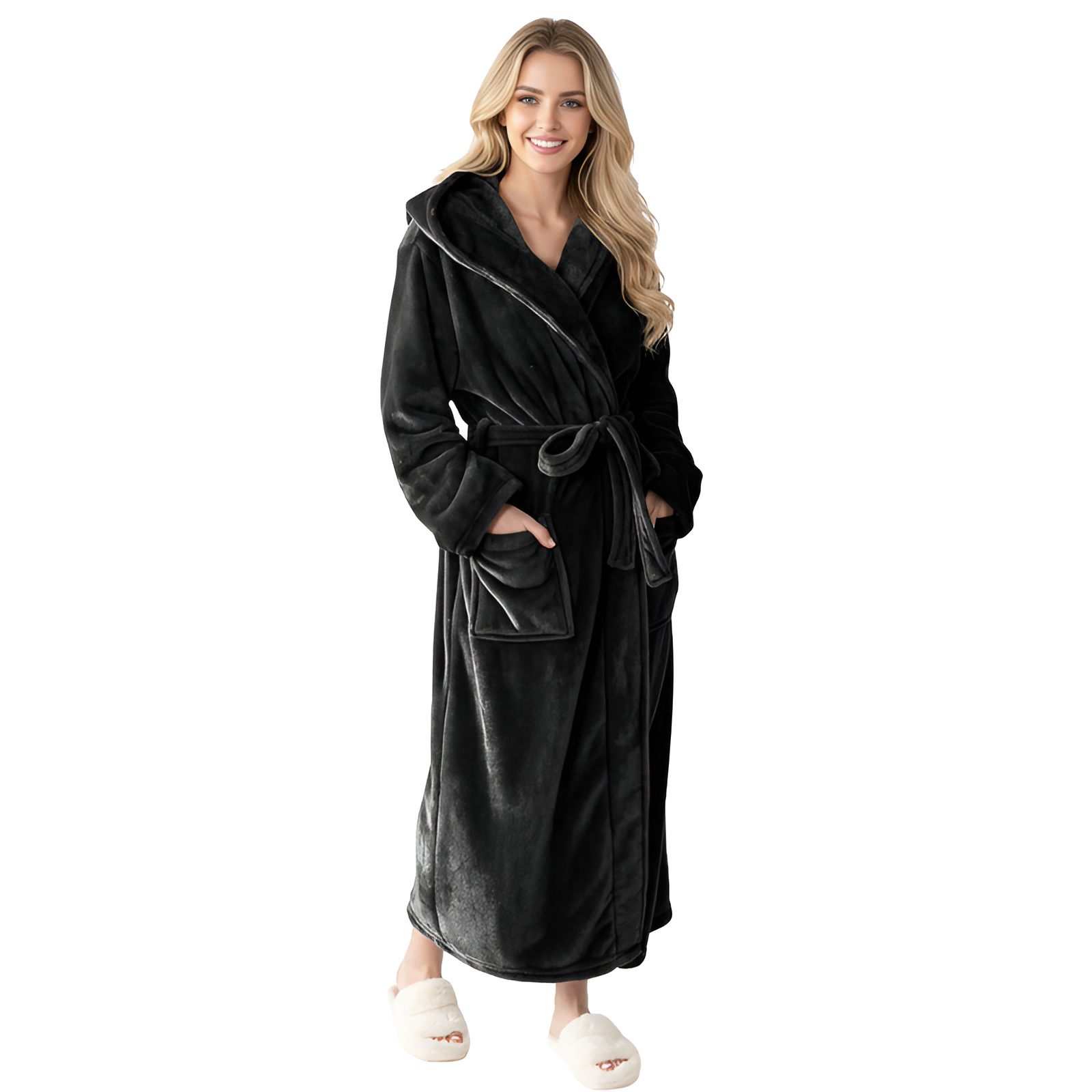 Full Length Hooded Plush Fleece Bathrobe For Women
