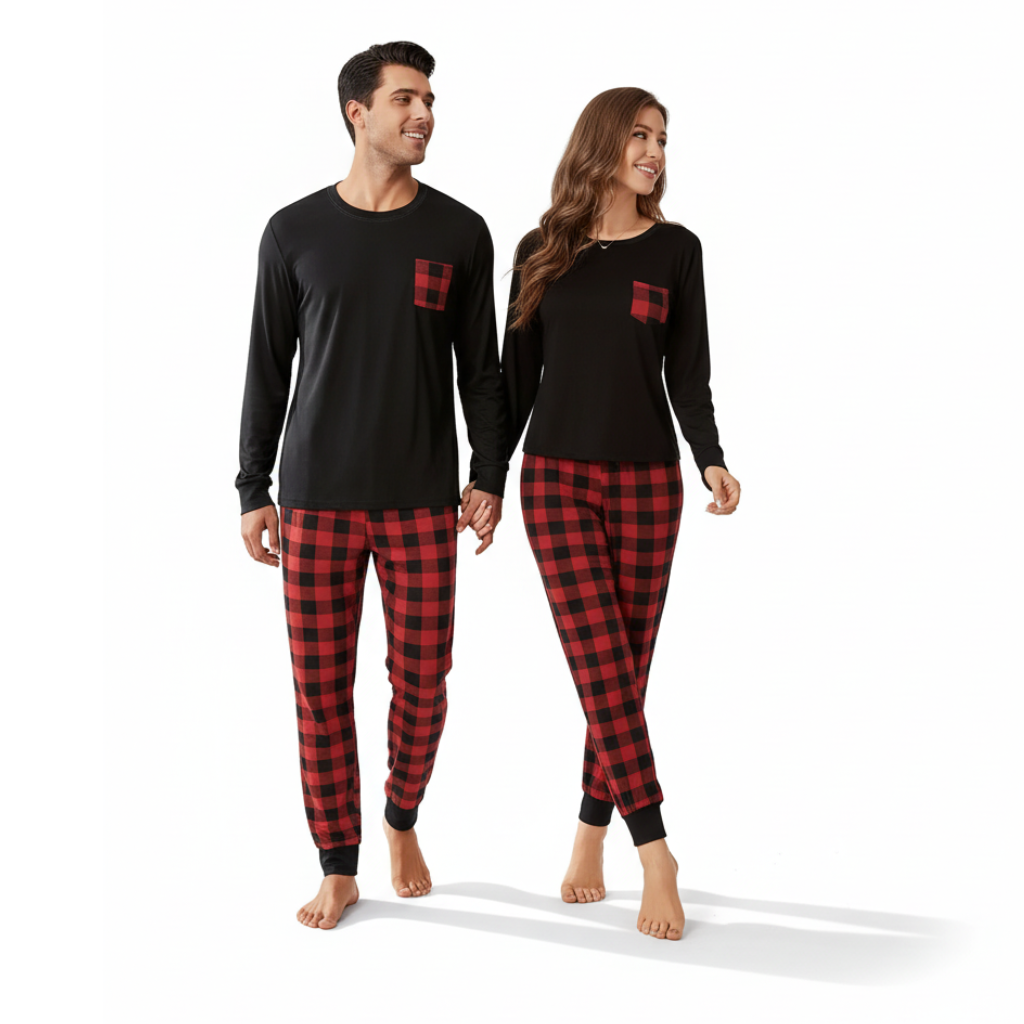 Plaid Printed Cozy Couple Long Sleeve Pajama Set