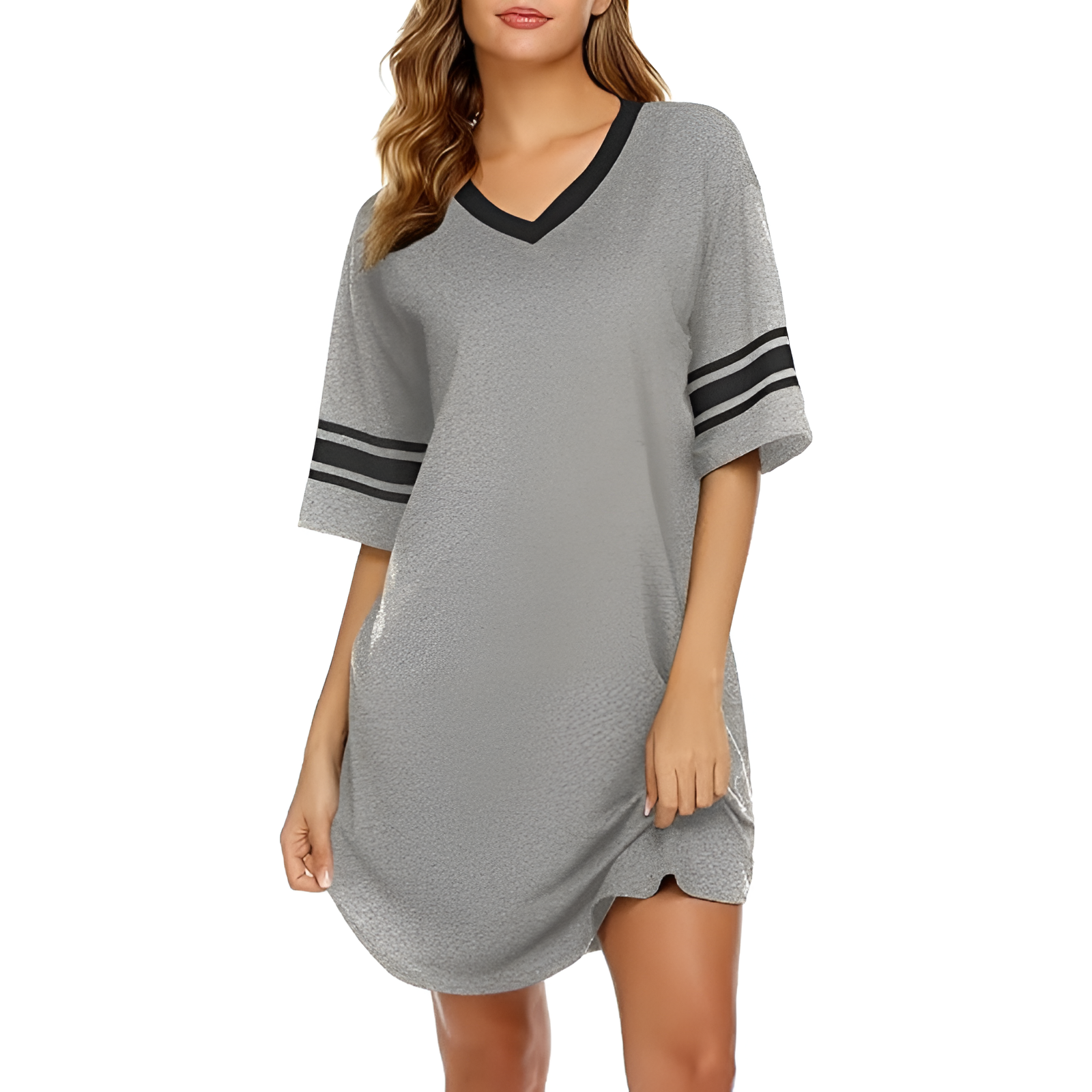Nightgown Sleepwear With Short Sleeves And Color Block For Women