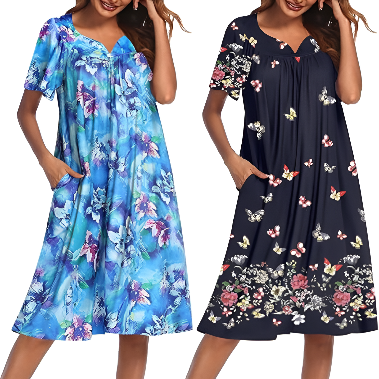 Pack Of 2 Casual House Dresses For Women With Pockets And Floral Print
