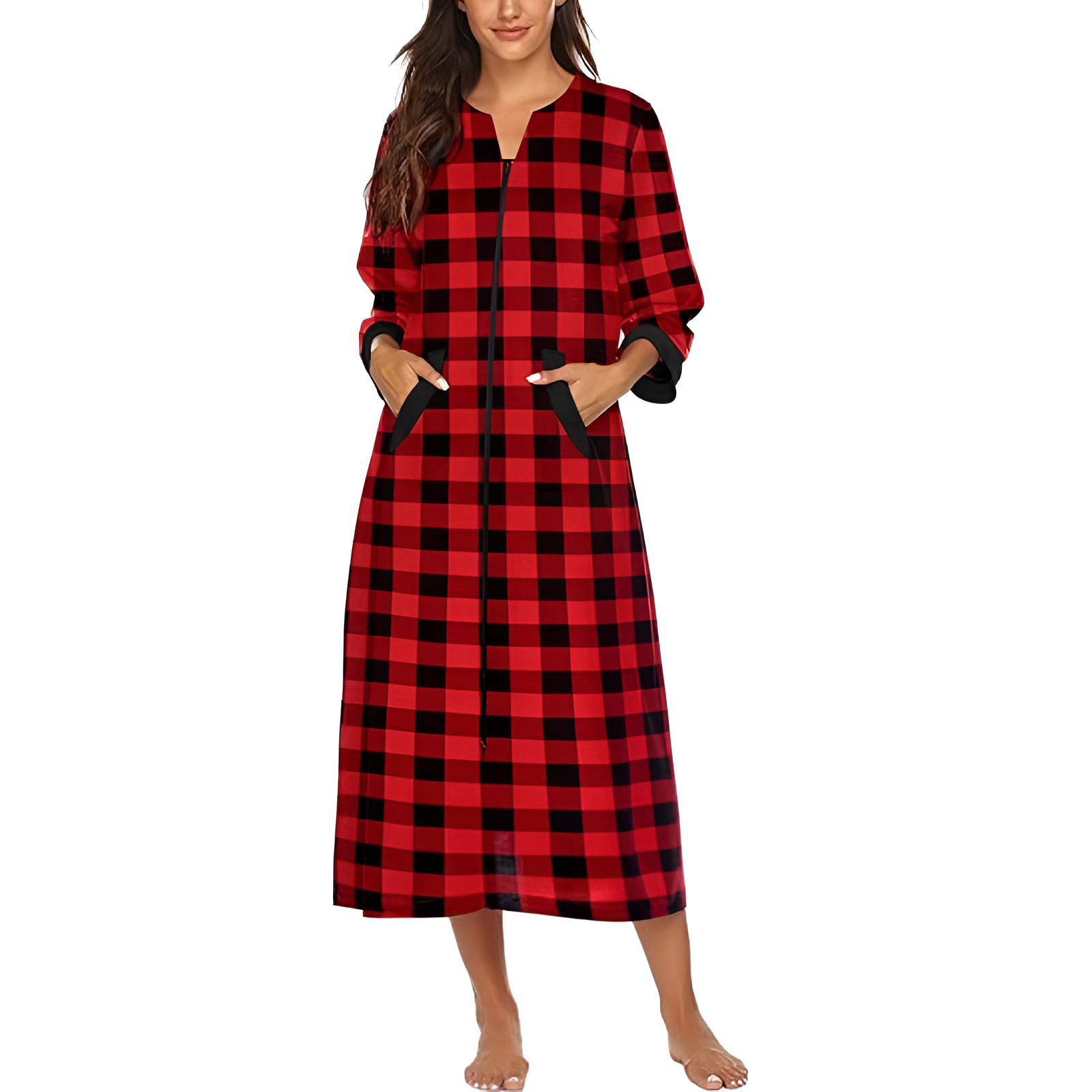 Women Zipper Robe Sleeves Loungewear Dress Full Length Sleepwear Pockets