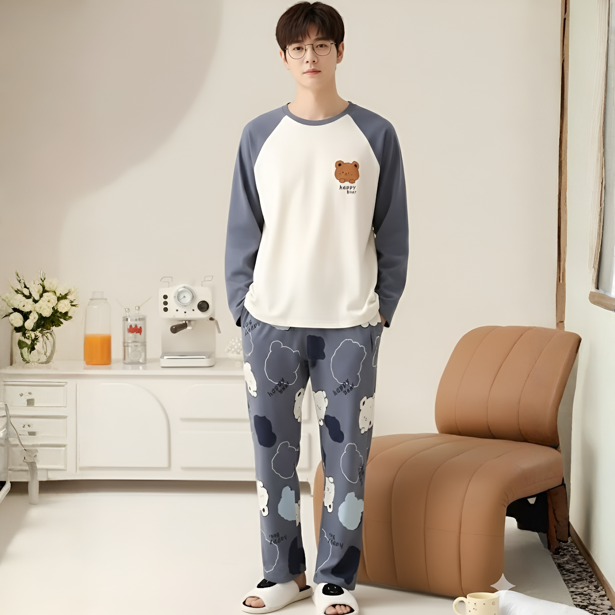 Couple Style Cartoon Bear Print Long Sleeve Long Pants Loungewear Set