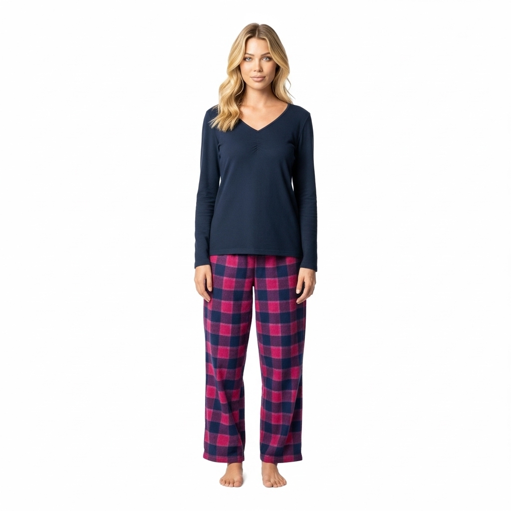 Long Sleeve Top And Plaid Pajama Set For Women
