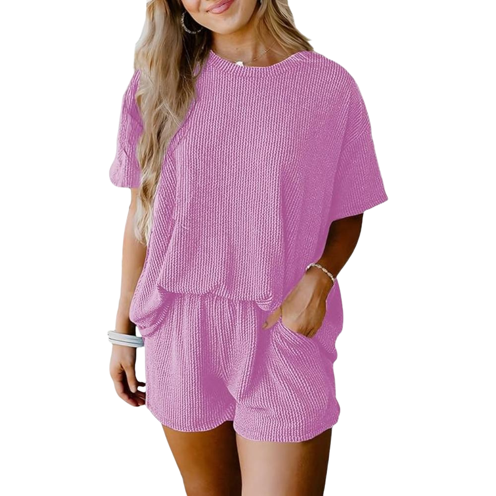 Ribbed Lounge Set Short Sleeve Top And Shorts with Pockets - Comfortable Women's Pajama Shorts Set