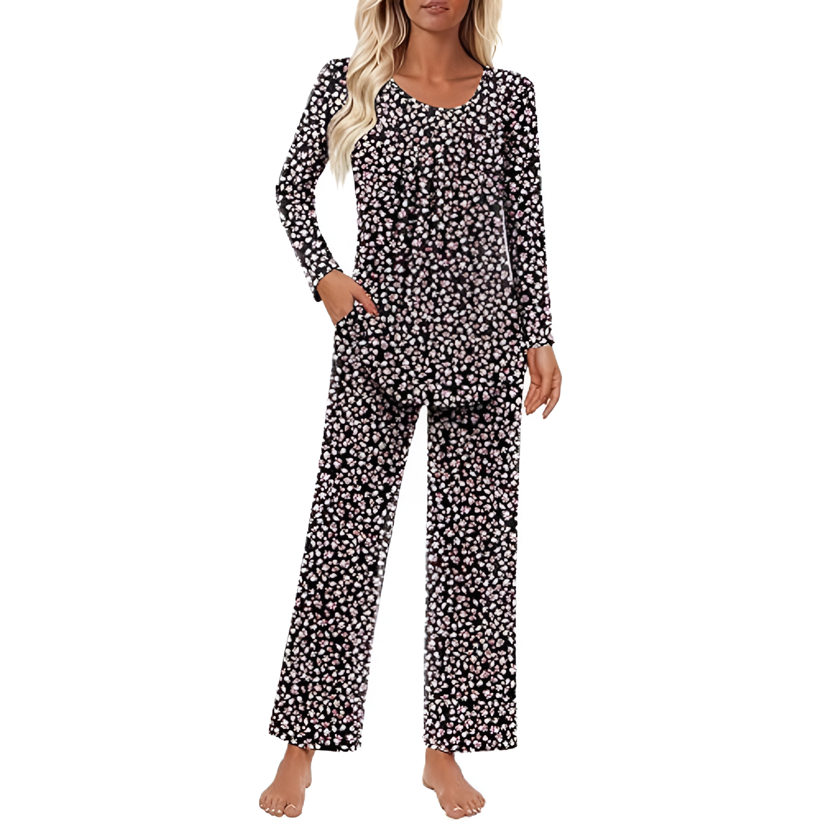 Long Sleeve Top And Loose Pants Two Piece Matching Pajama Set For Women