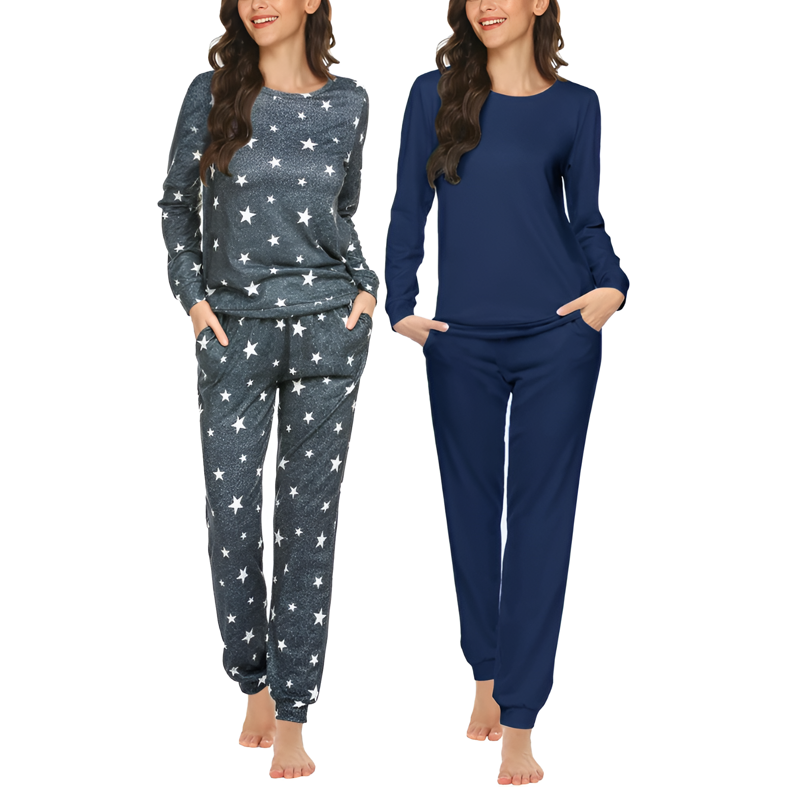 Pack Of 2 Long Sleeve Top And Jogger Pants Pajama Set With Pockets For Women
