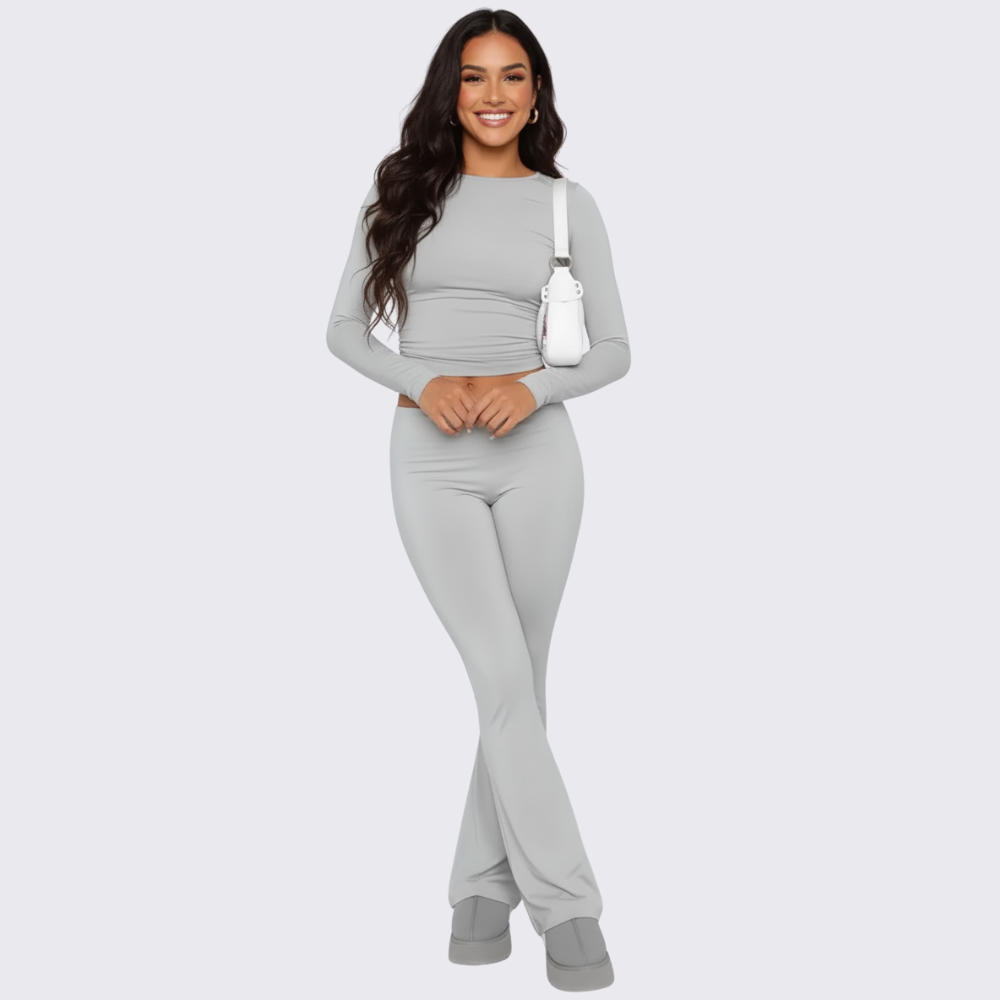 Long Sleeve Crop Top And Flare Pants Loungewear Set For Women