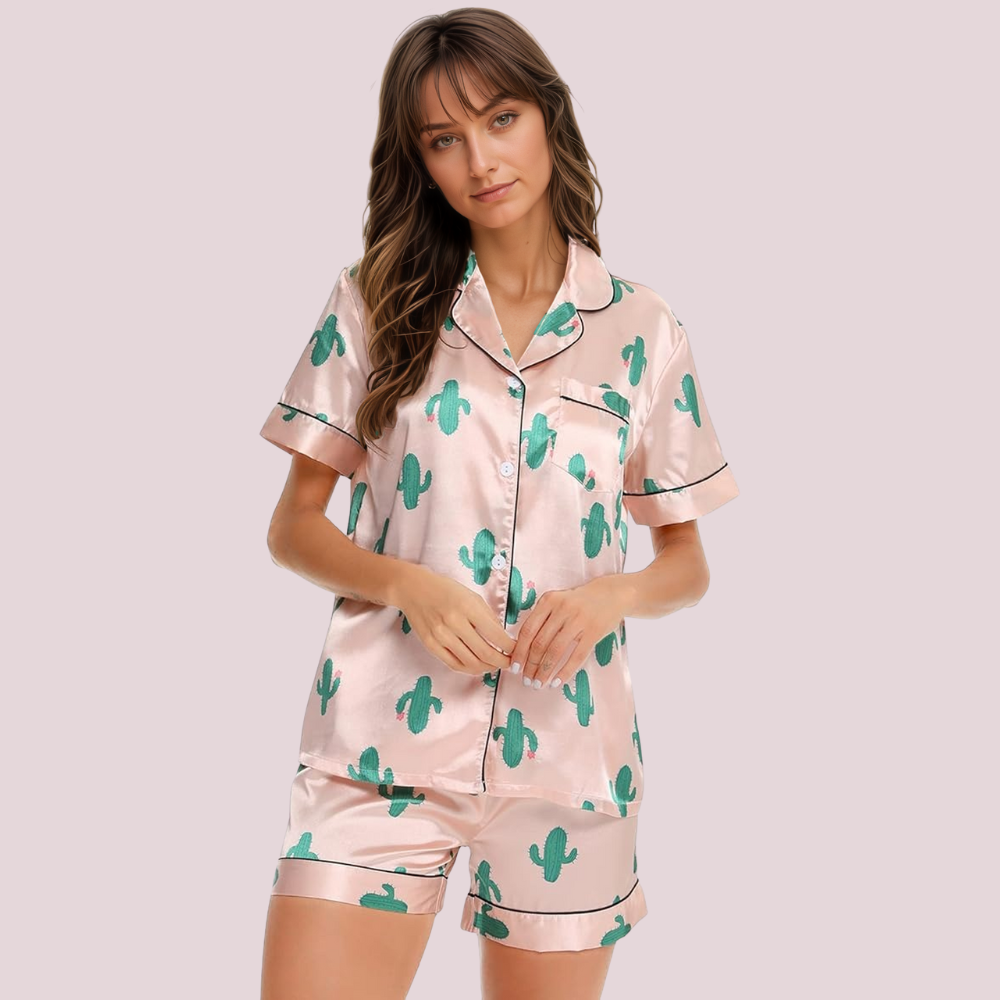 Women Satin Pajama Set With Short Sleeve Top And Shorts