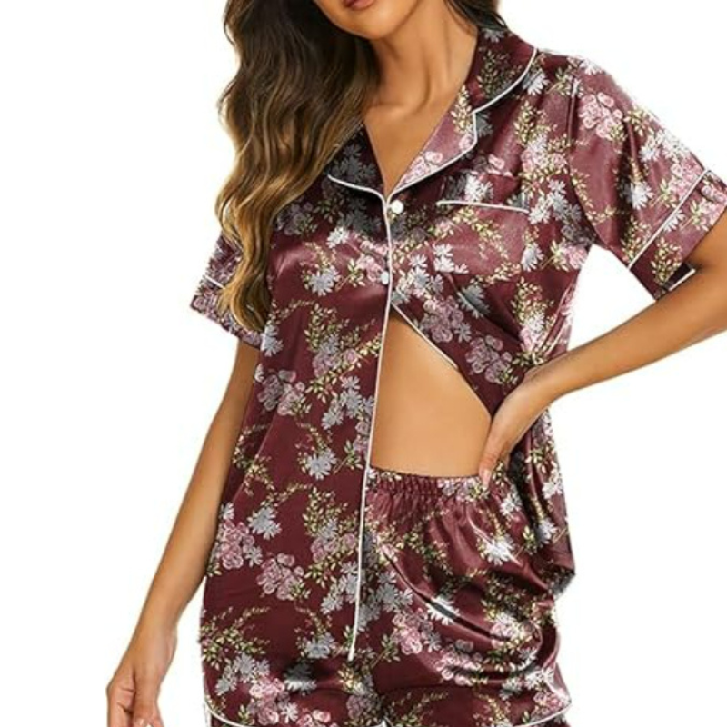 Satin Short Sleeve Button Down Shorts SetSatin Short Sleeve Button Down Shorts Set - View 5