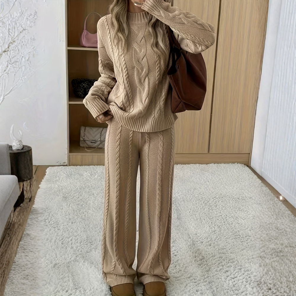 Women's Winter Solid Color Round Neck Long Sleeve Simple Top And Pants Casual 2pcs Set, Winter Clothing