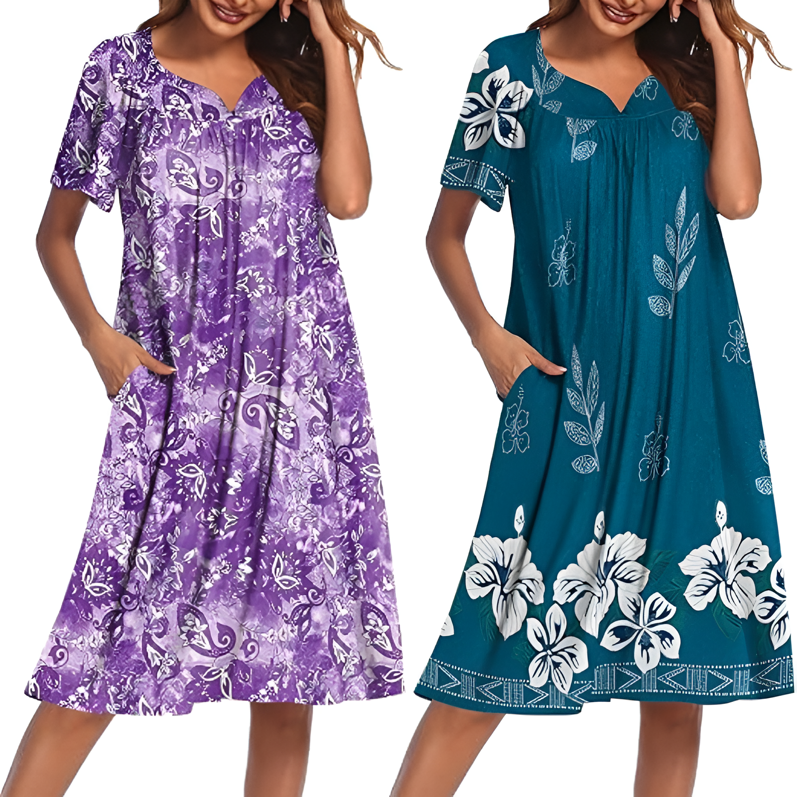 Pack Of 2 Casual House Dresses For Women With Pockets And Floral Print