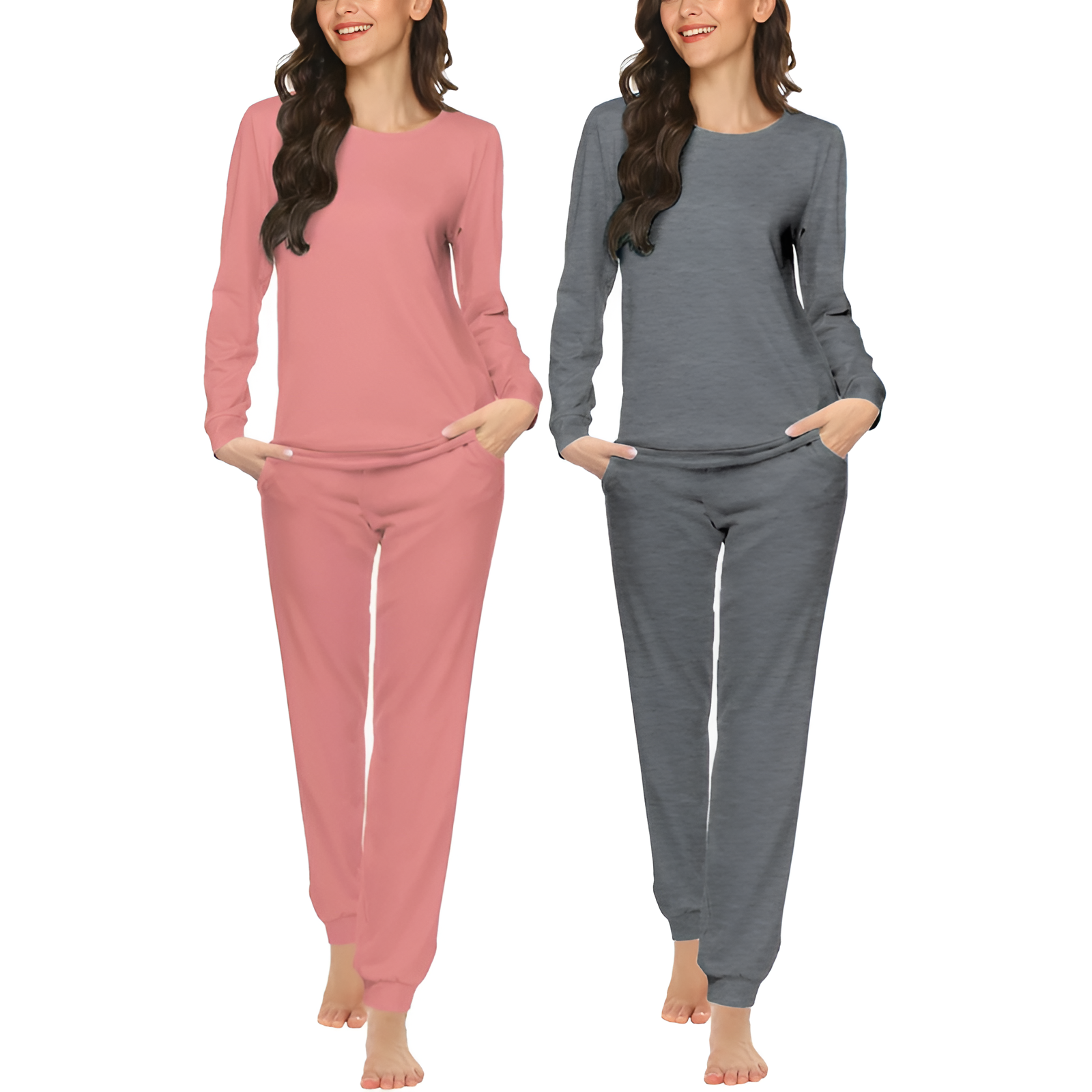 Pack Of 2 Long Sleeve Top And Jogger Pants Pajama Set With Pockets For Women