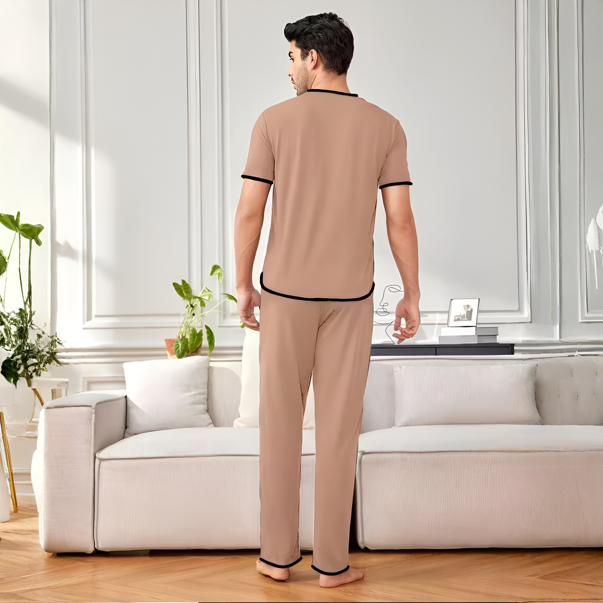 Couple's Set with Chest Heart Print, Men or Women Short Sleeve + Long Pants