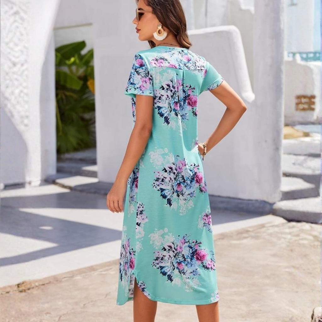 Pleated Long Nightgown Short Sleeve For Women