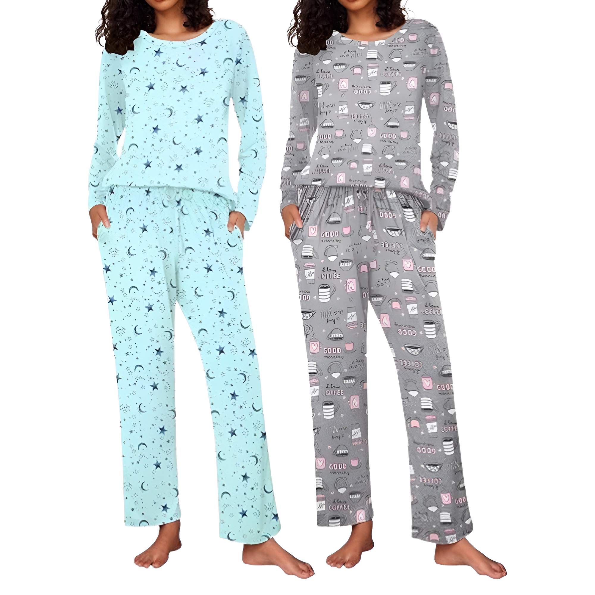 2 Pack Of Long Sleeve Lounge Pajama Sets With Pockets