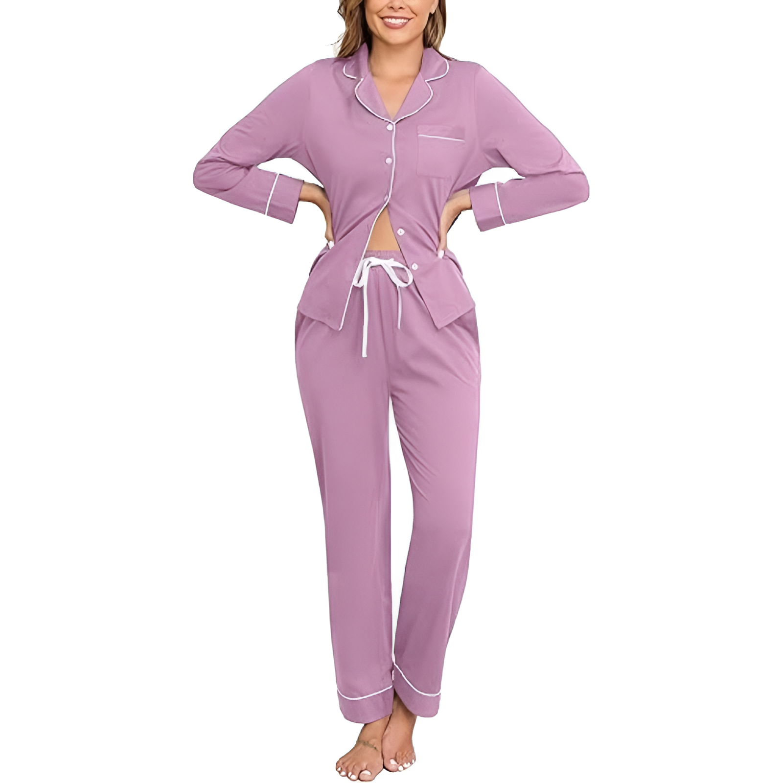 Long Sleeve Sleepwear Pajama Set With Button Down Design For Women