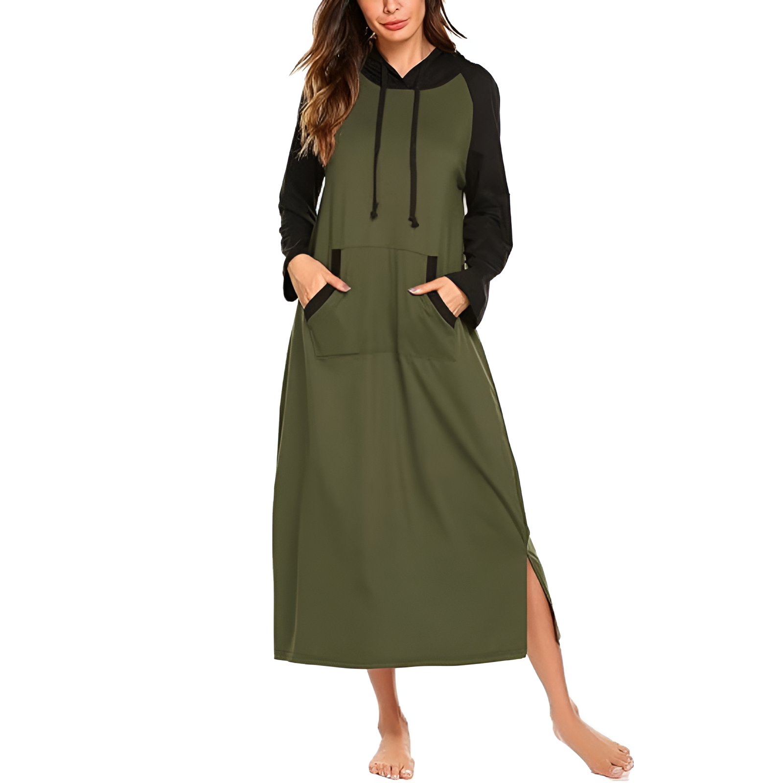 Hooded Nightgown Long Sleeve Full Length Loungewear With Pocket For Women