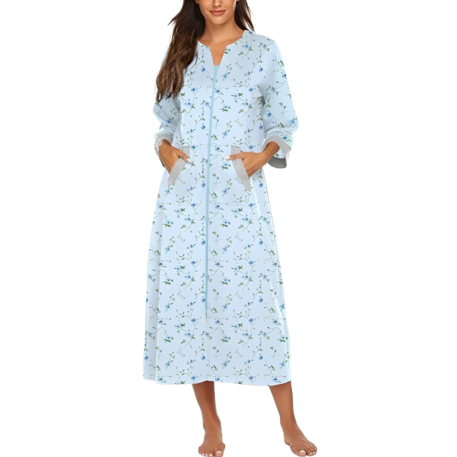 Women Zipper Robe Sleeves Loungewear Dress Full Length Sleepwear Pockets