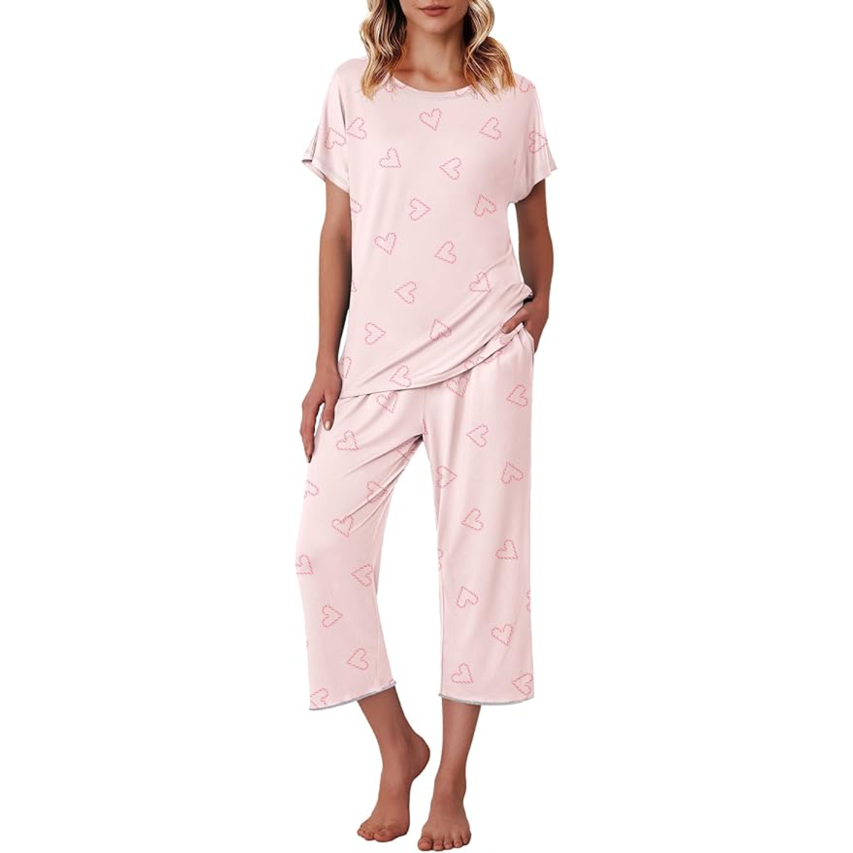 Capri Pajama Set With Short Sleeve Top And Printed Design