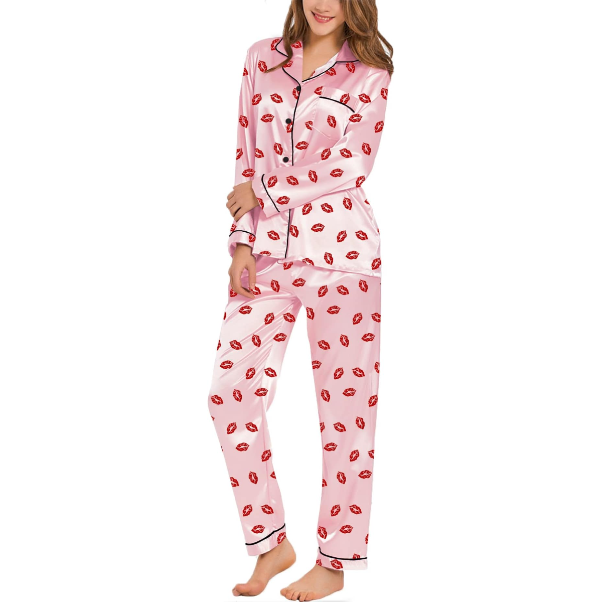 Stylish Printed Satin Pajama Set With Long Sleeves