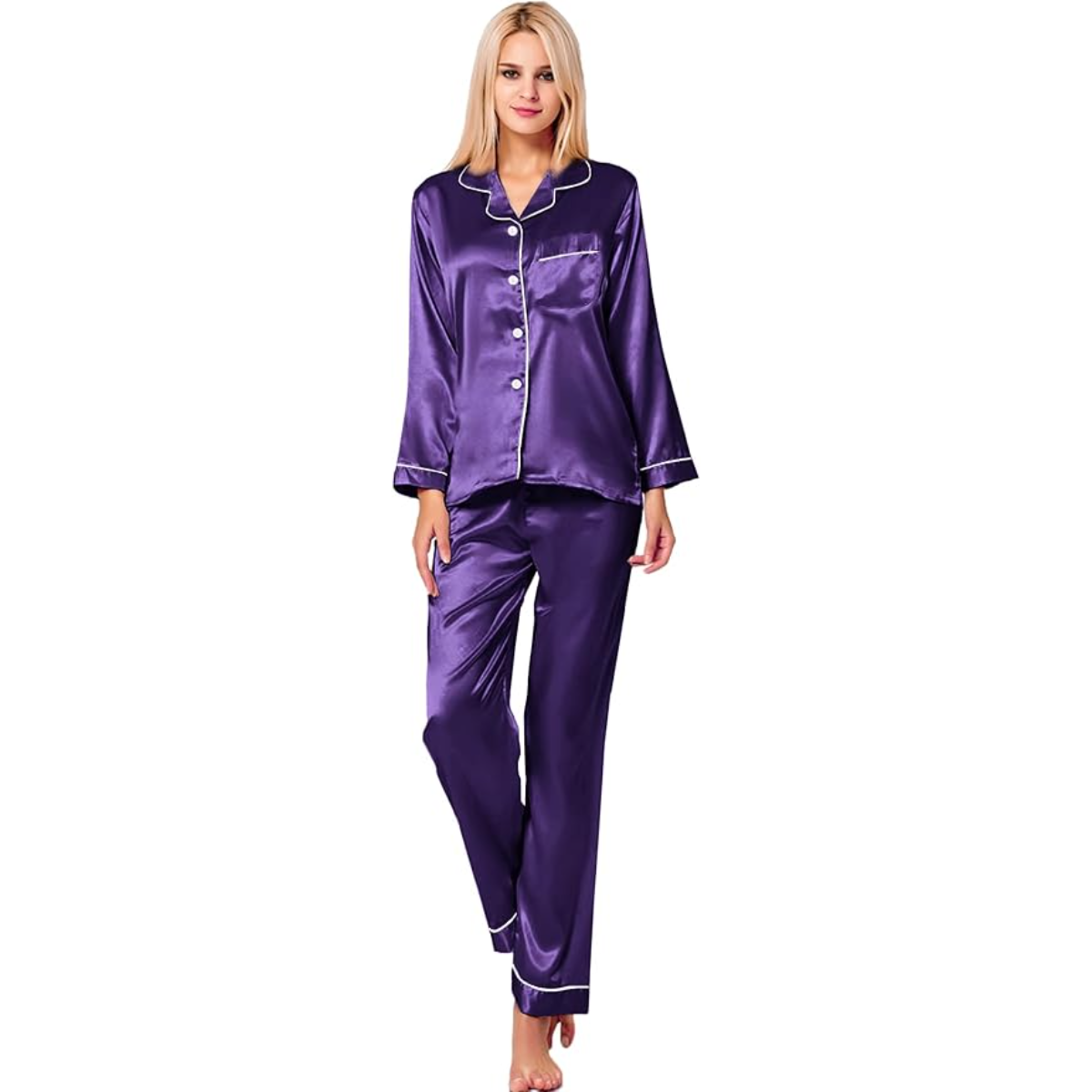 Button Down Long Sleeve Satin Pajama Set-Original Pajamas