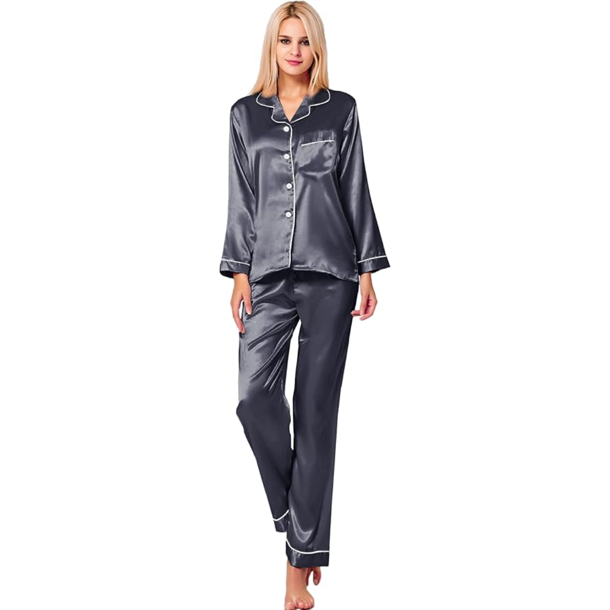 Button Down Long Sleeve Satin Pajama Set-Original Pajamas