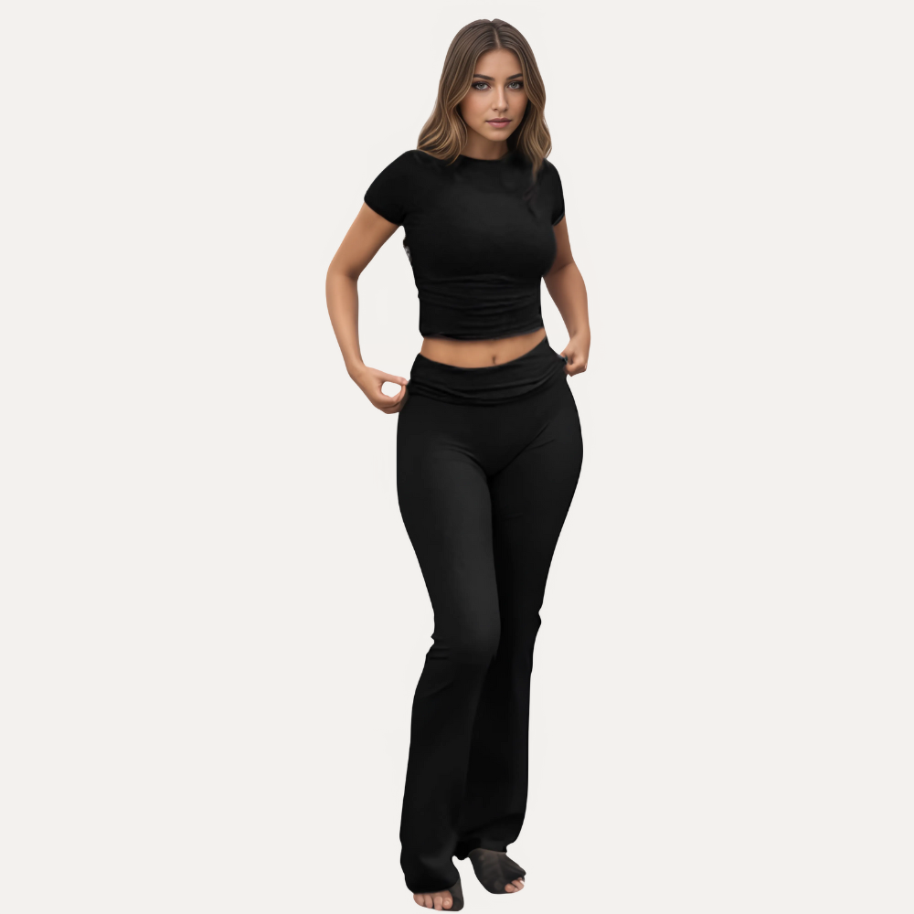 Women’s Two Piece Lounge Set with Crop Top and Flare Pants