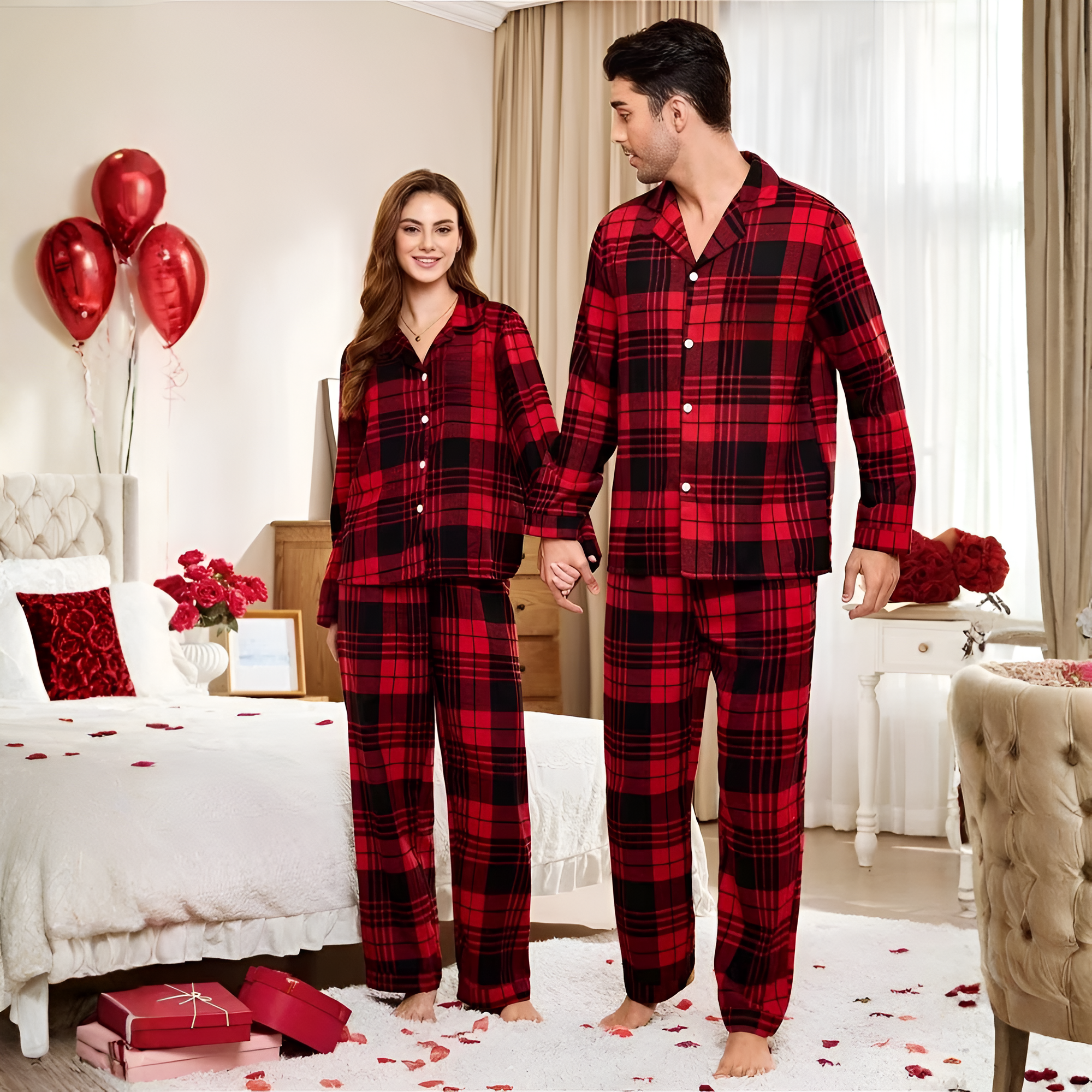 ouple Style Pajamas,Men's Or Women's Sleepwear Homewear,Valentine's Day Plaid Casual Lapel Top and Pants