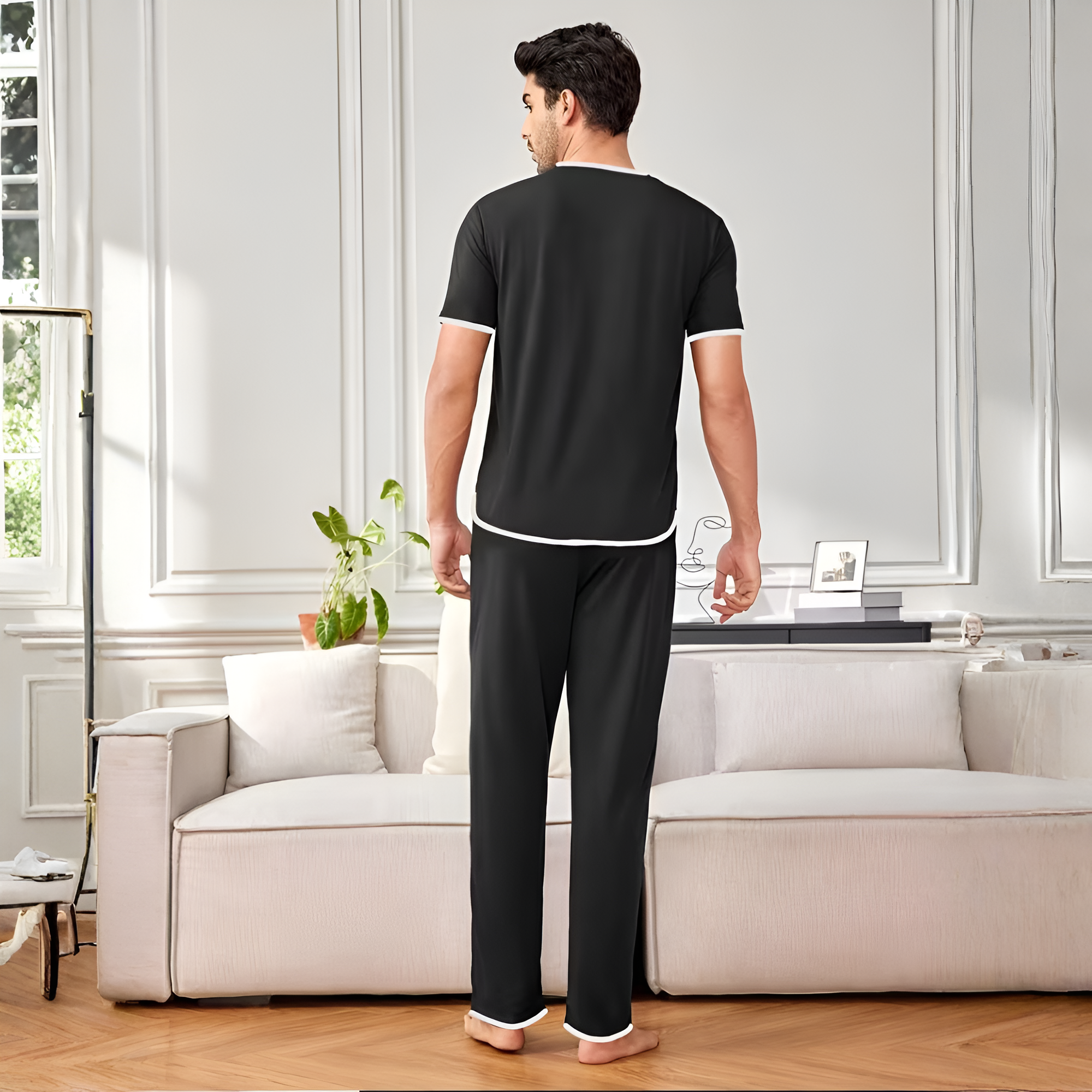 Couple's Set with Chest Heart Print, Men or Women Short Sleeve + Long Pants