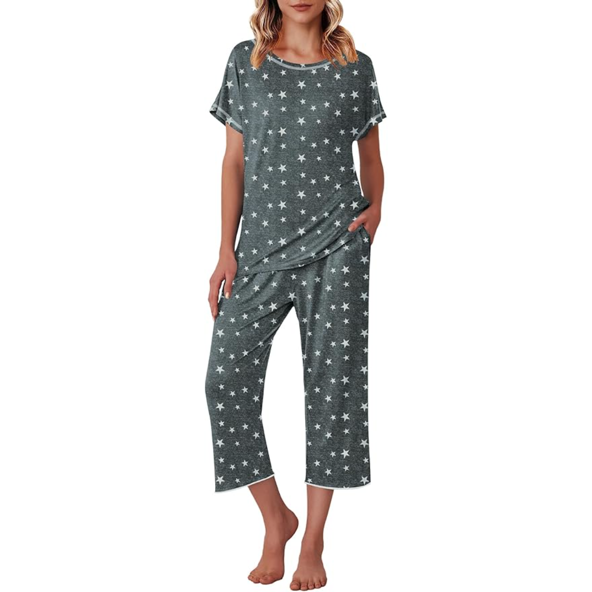 Star Printed Capri Pajama Set With Short Sleeve Top-Original Pajamas