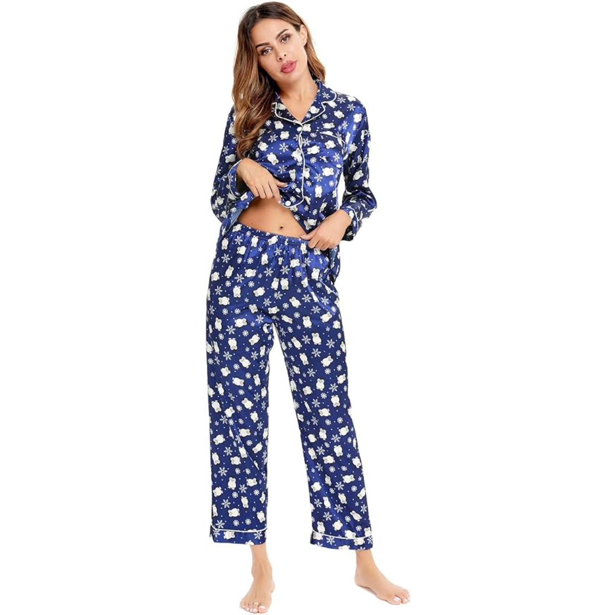 Printed Satin Pajama Set With Button Up Top